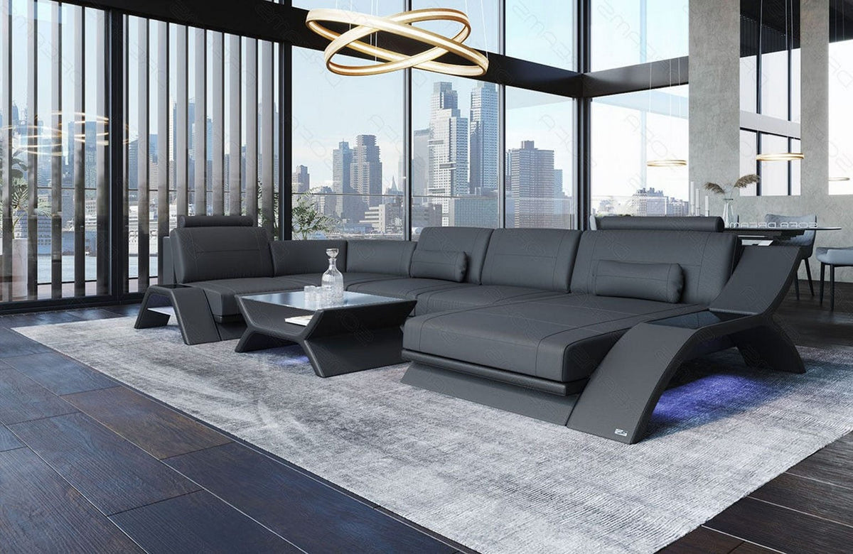 Designsofa Calabria U-Form aus Leder grau-schwarz