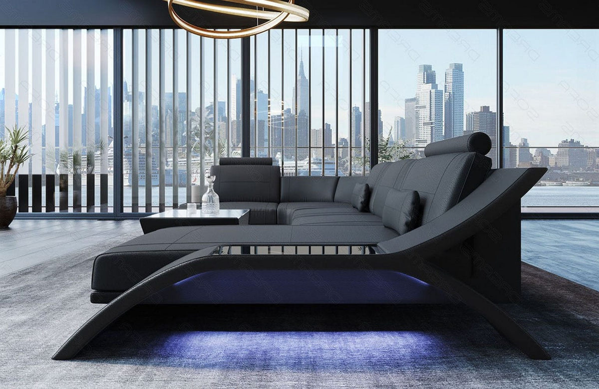 Designsofa Calabria U-Form aus Leder grau-schwarz