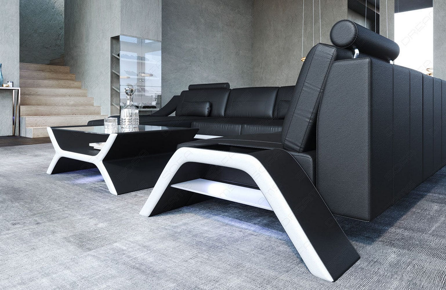 XXL Wohnlandschaft Calabria U-Form in Leder schwarz-weiß