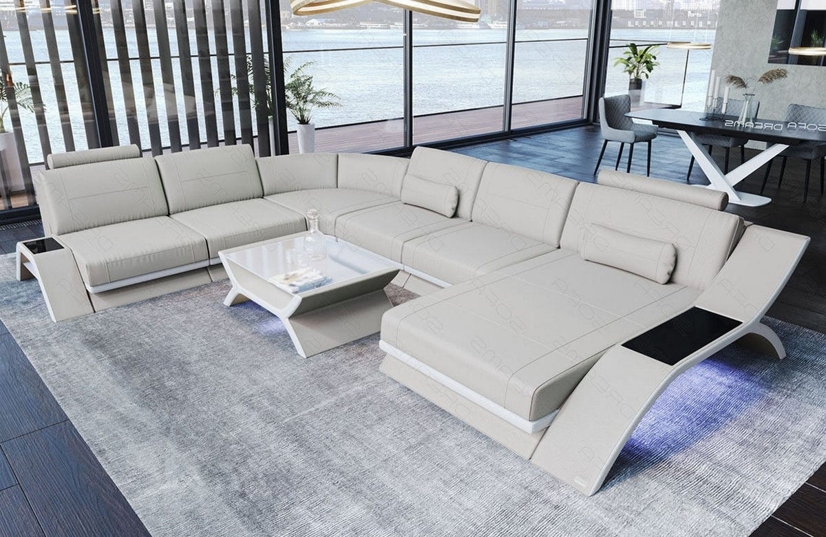 XXL Wohnlandschaft Calabria U-Form in Leder beige-weiß