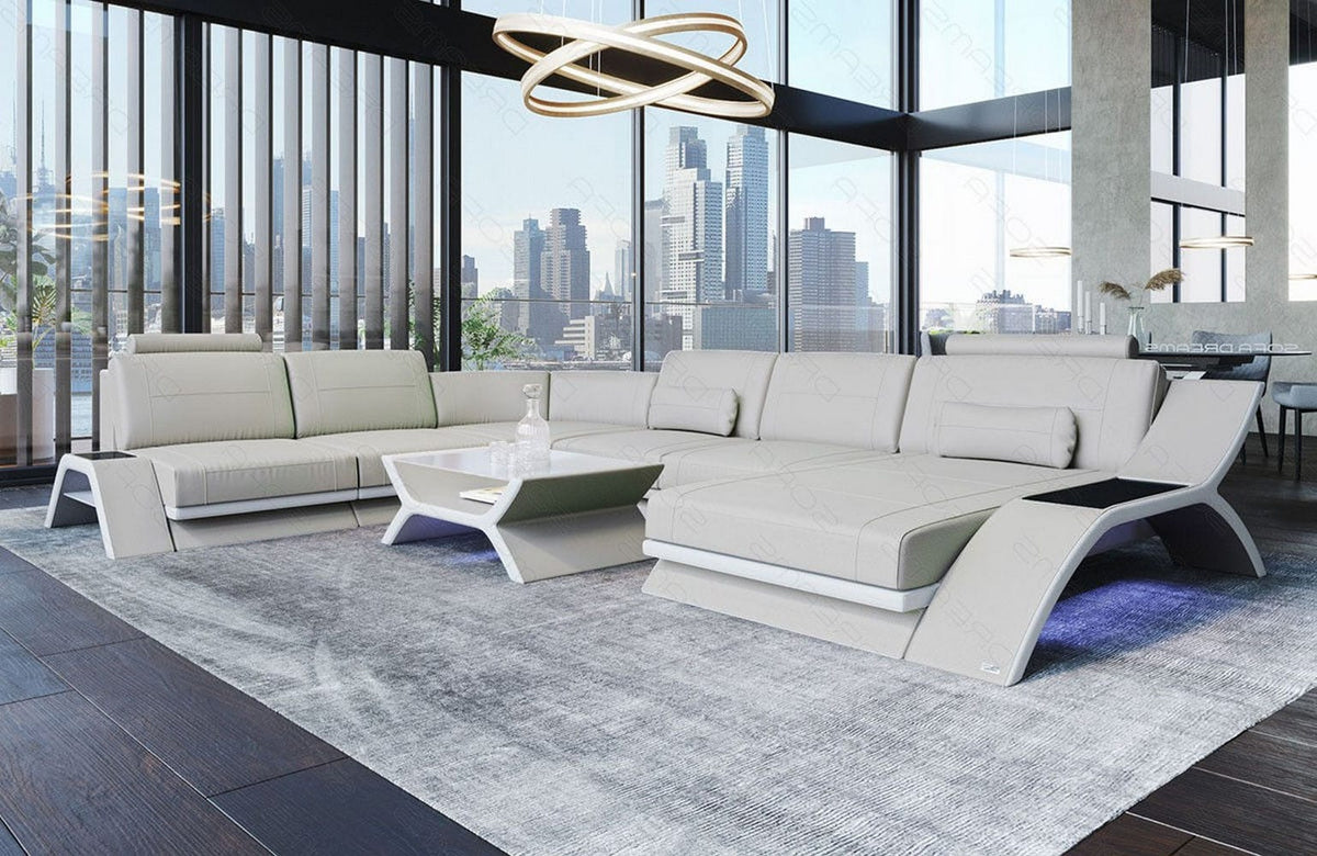 XXL Wohnlandschaft Calabria U-Form in Leder beige-weiß