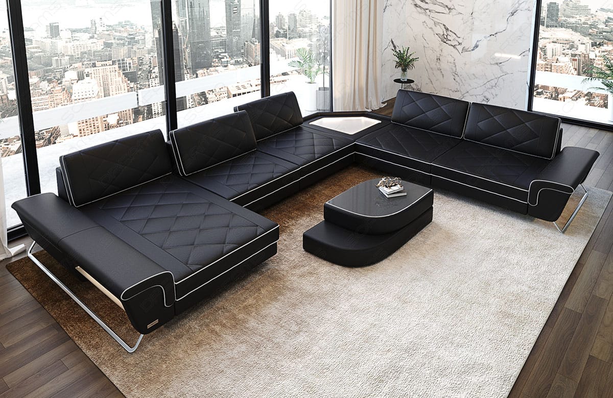 Wohnlandschaft Ferrara XXL U-Form in Leder schwarz-weiß