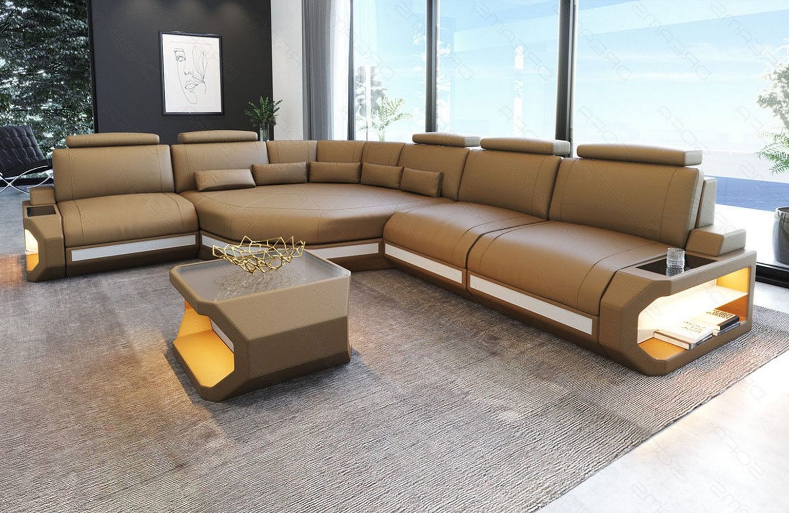 Ecksofa Asti – Leder für höchsten Komfort sandbeige-weiß