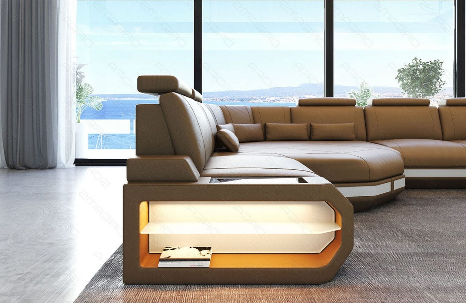 Ecksofa Asti – Leder für höchsten Komfort sandbeige-weiß