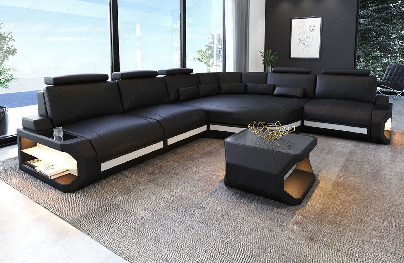 Ecksofa Asti – Leder für höchsten Komfort schwarz-weiß
