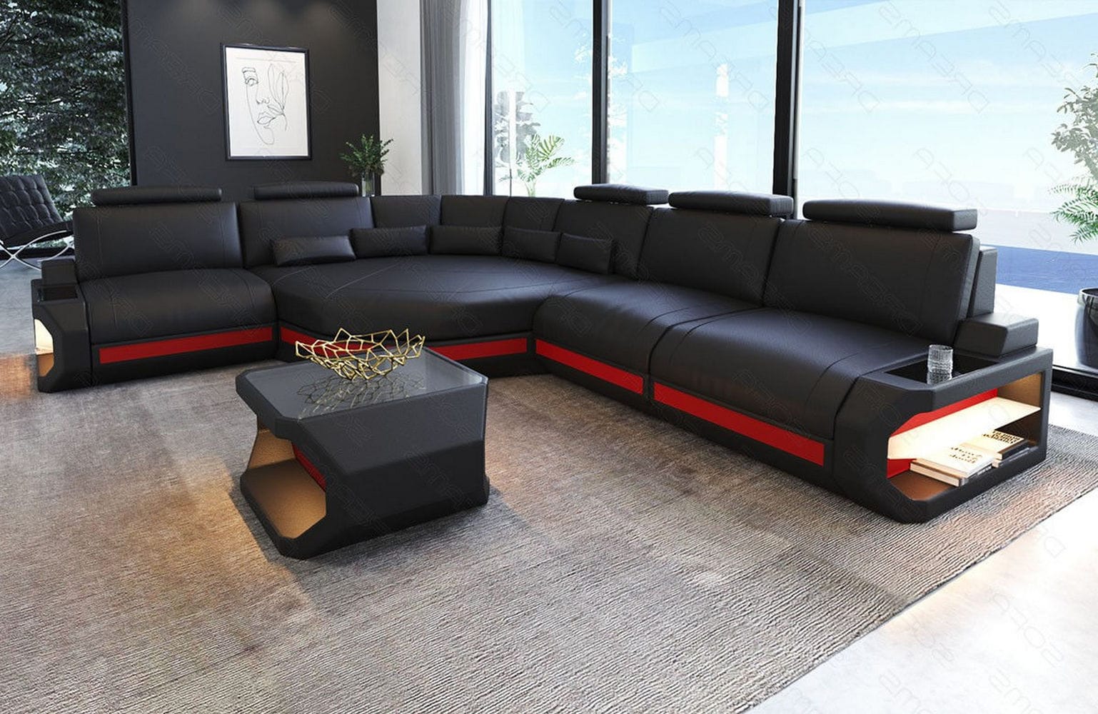Ecksofa Asti – Leder für höchsten Komfort schwarz-rot