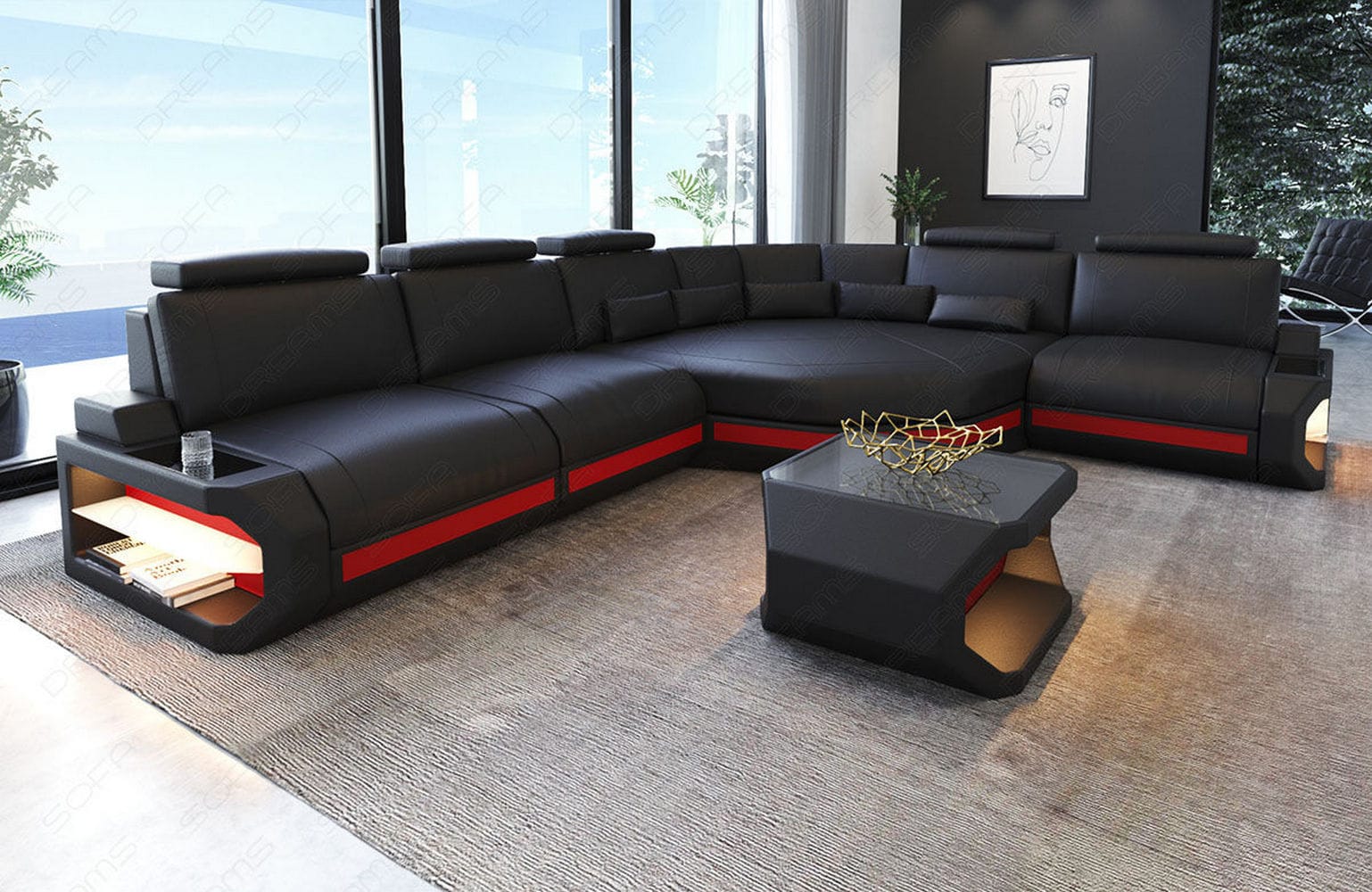 Ecksofa Asti – Leder für höchsten Komfort schwarz-rot