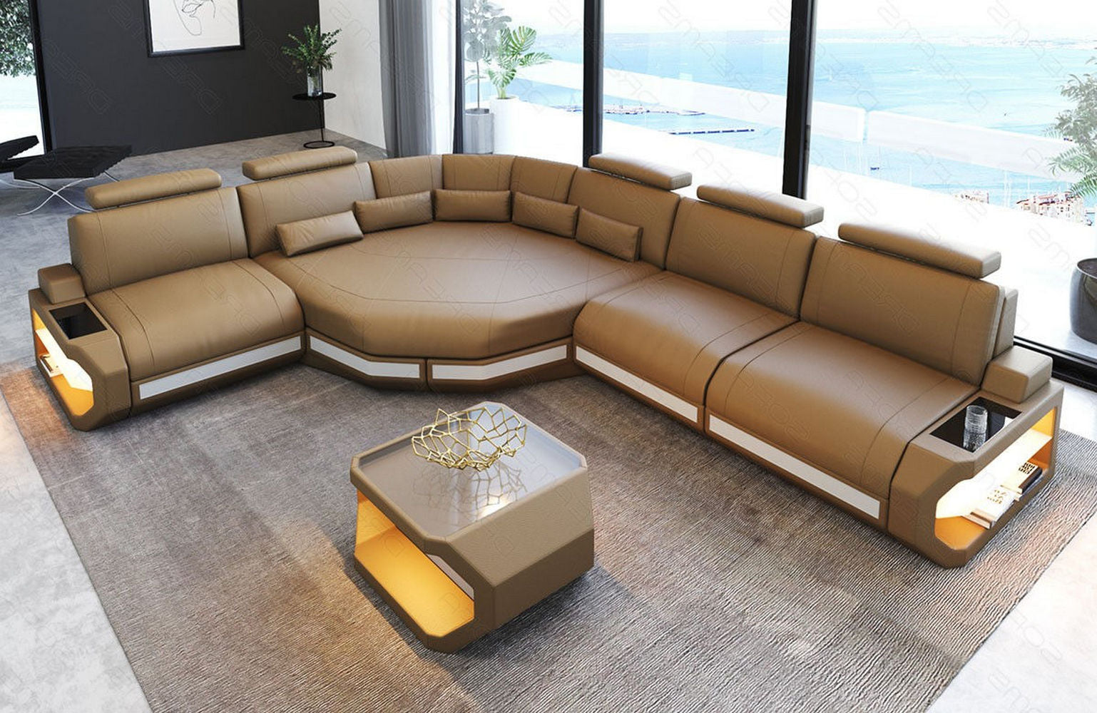 Ecksofa Asti – Leder für höchsten Komfort sandbeige-weiß