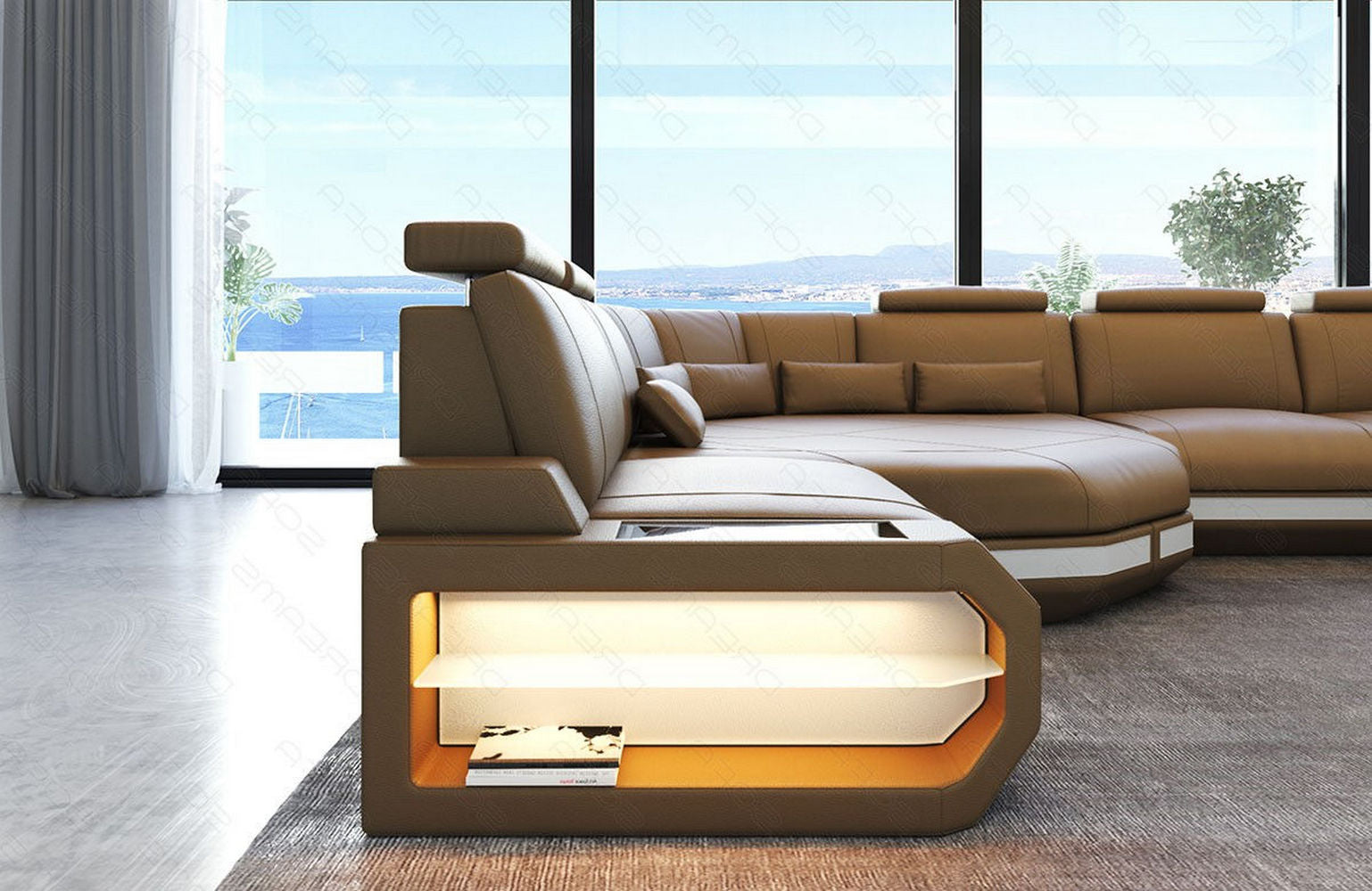 Ecksofa Asti – Leder für höchsten Komfort sandbeige-weiß