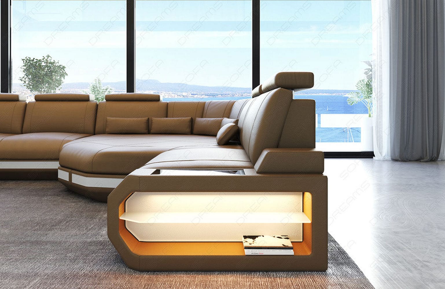 Ecksofa Asti – Leder für höchsten Komfort sandbeige-weiß