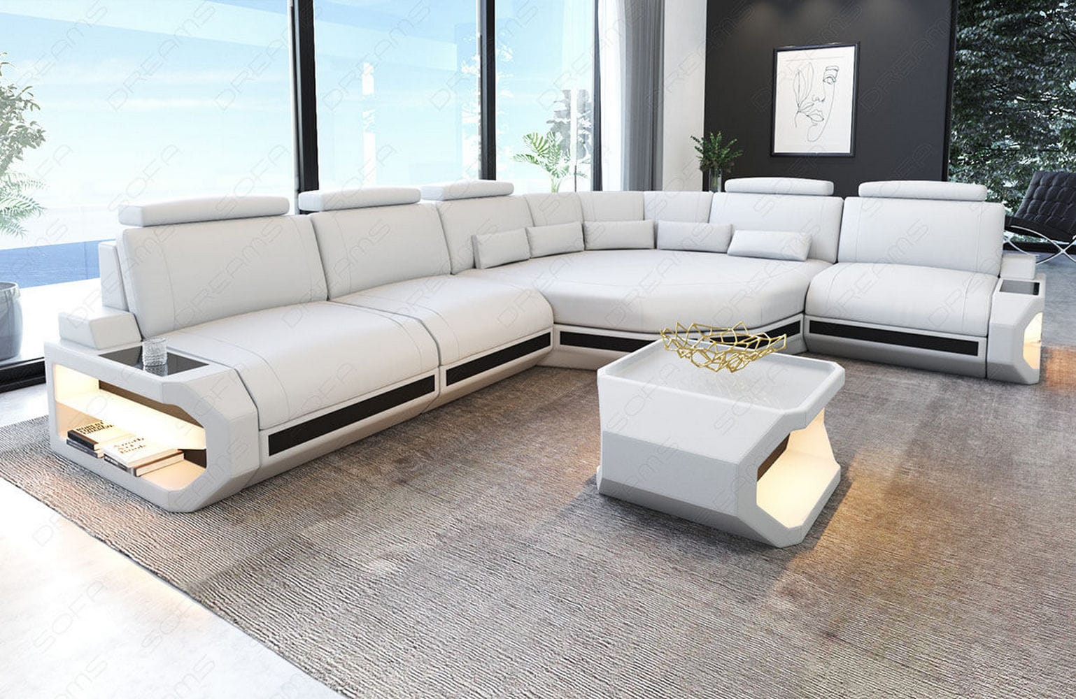 Ecksofa Asti – Leder für höchsten Komfort weiß-schwarz
