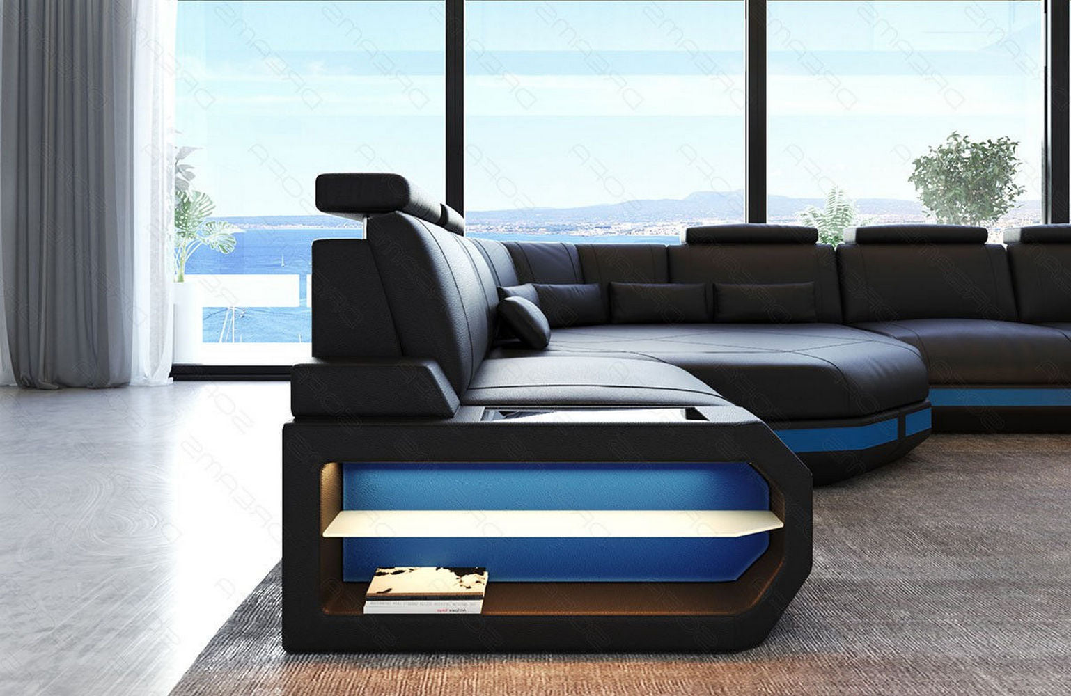 Leder Wohnlandschaft Asti Mini – Modern & Komfortabel schwarz-blau