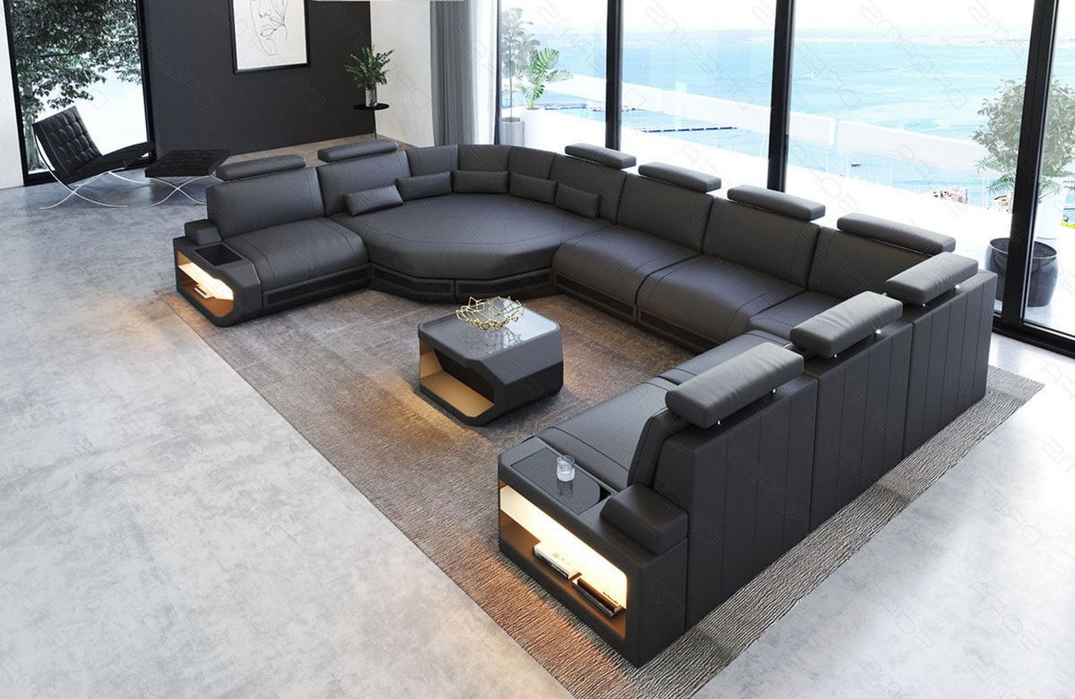 Sofa Asti in Leder grau-schwarz