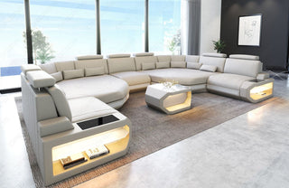 XXL Wohnlandschaft Asti U-Form in Leder beige-weiß