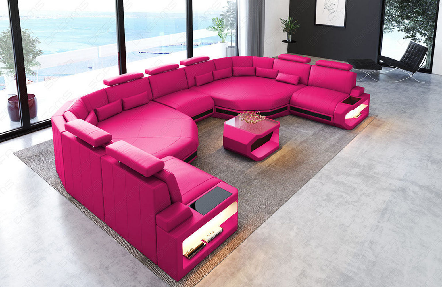 Leder Wohnlandschaft Asti XXL – Komfort & Stil pink-schwarz