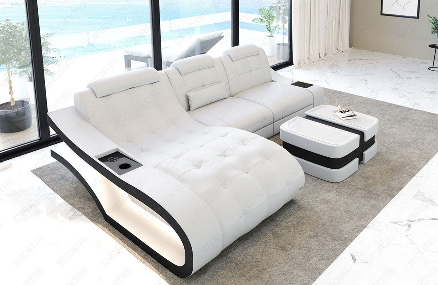 Ecksofa Elegante – Leder & Komfort weiß-schwarz