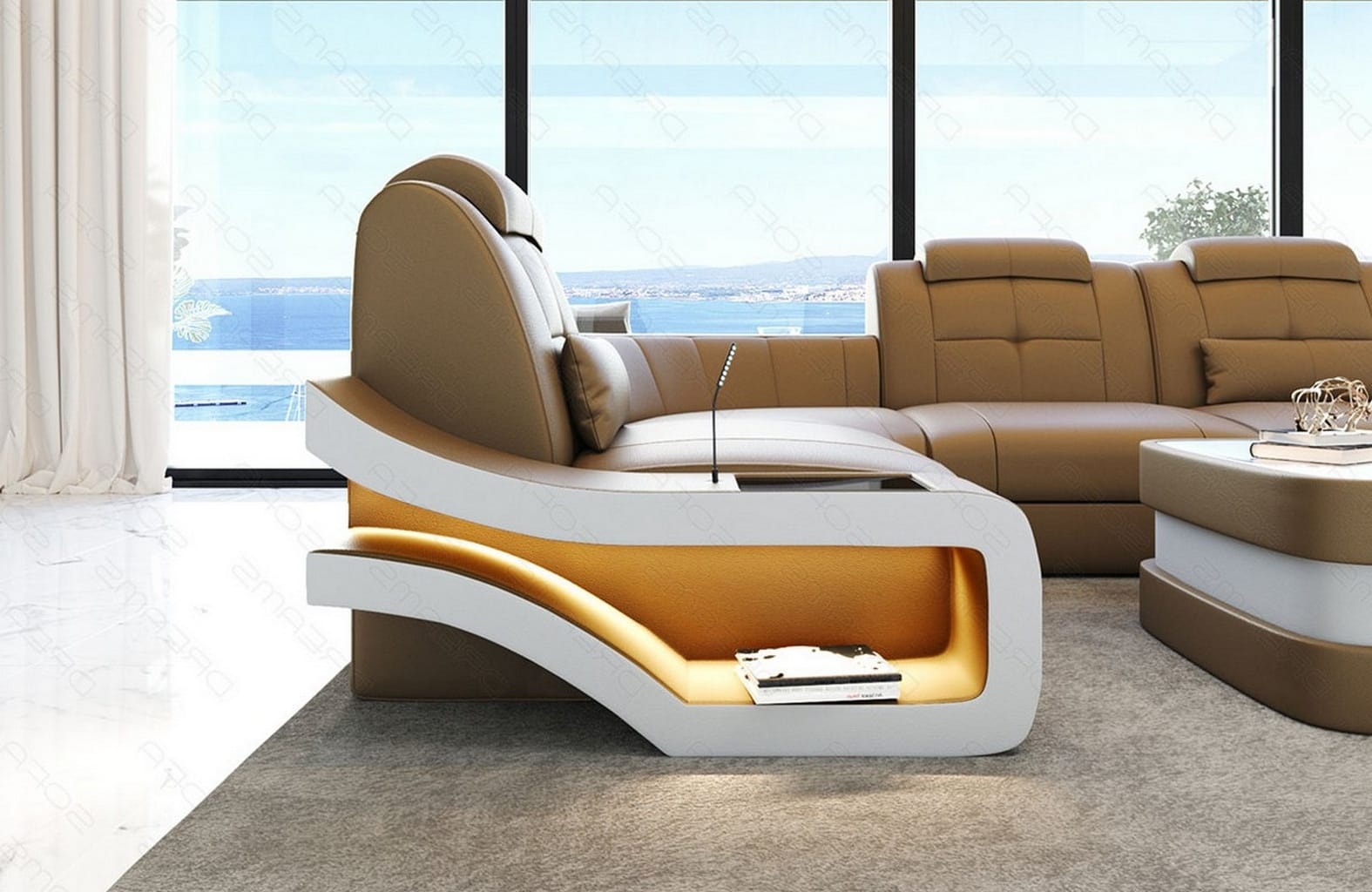 Ecksofa Elegante – Leder & Komfort sandbeige-weiß