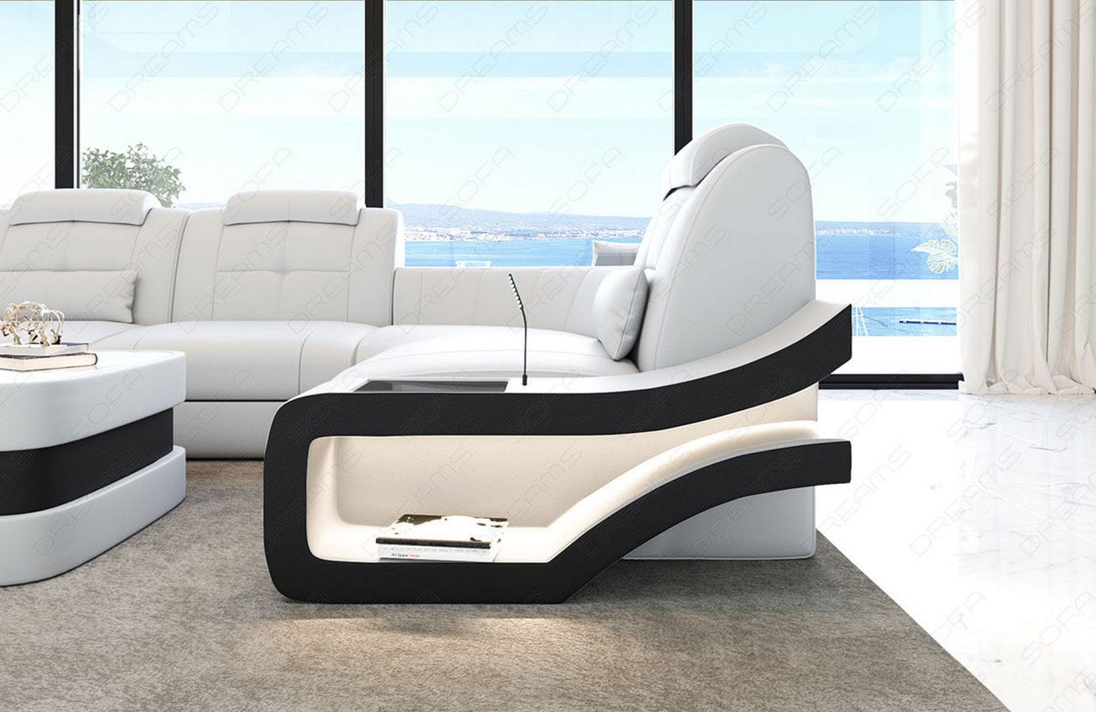 Ecksofa Elegante – Leder & Komfort weiß-schwarz