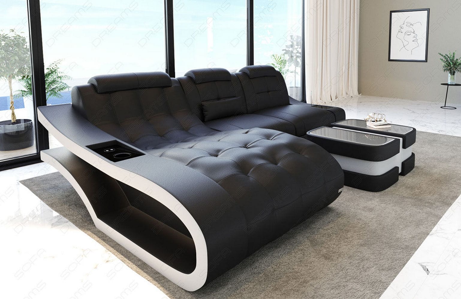 Ecksofa Elegante – Leder & Komfort schwarz-weiß