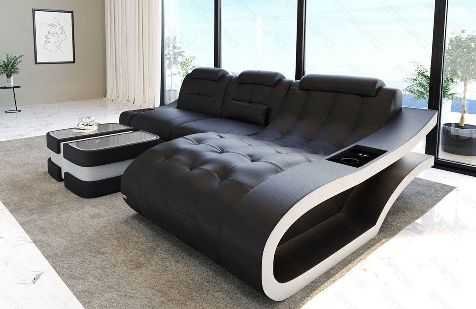 Ecksofa Elegante – Leder & Komfort schwarz-weiß