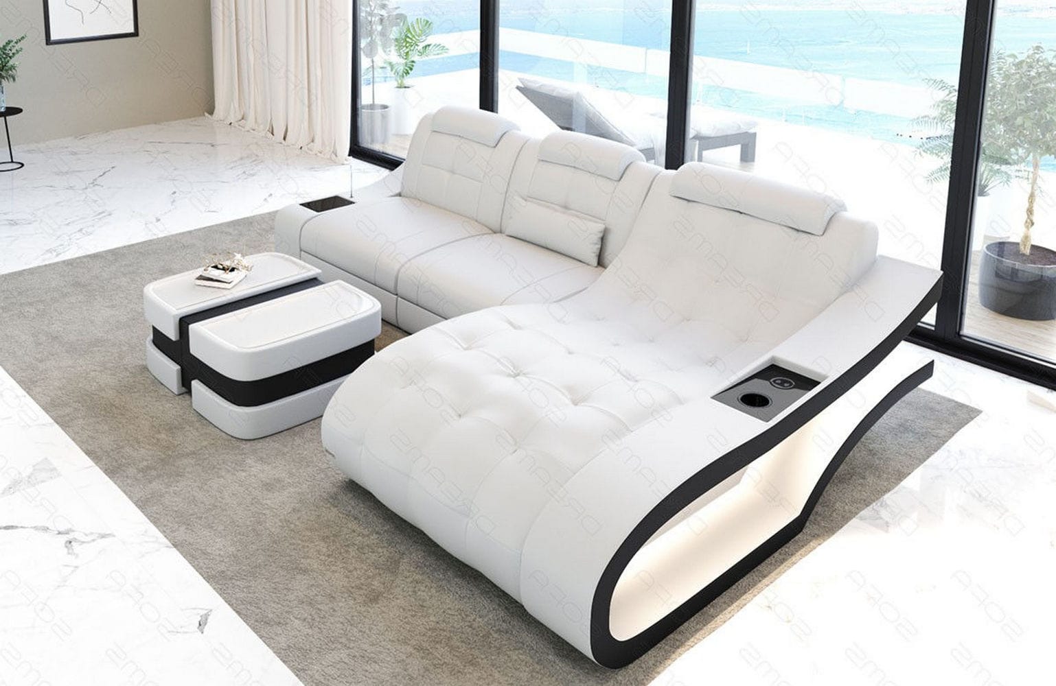 Ecksofa Elegante – Leder & Komfort weiß-schwarz