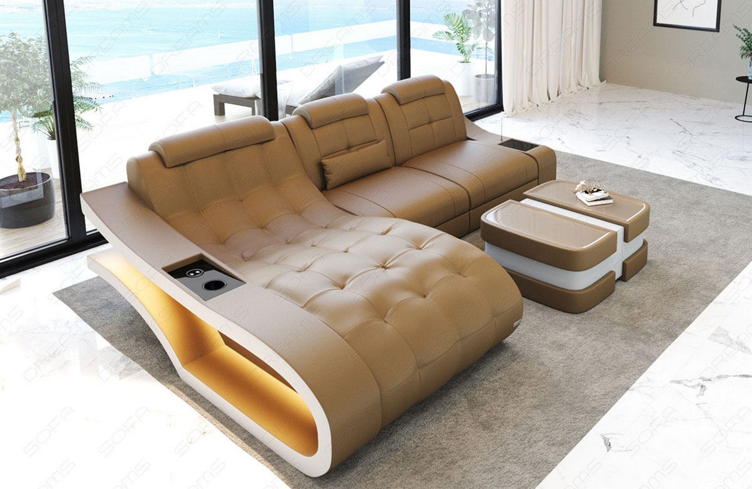 Ecksofa Elegante – Leder & Komfort sandbeige-weiß