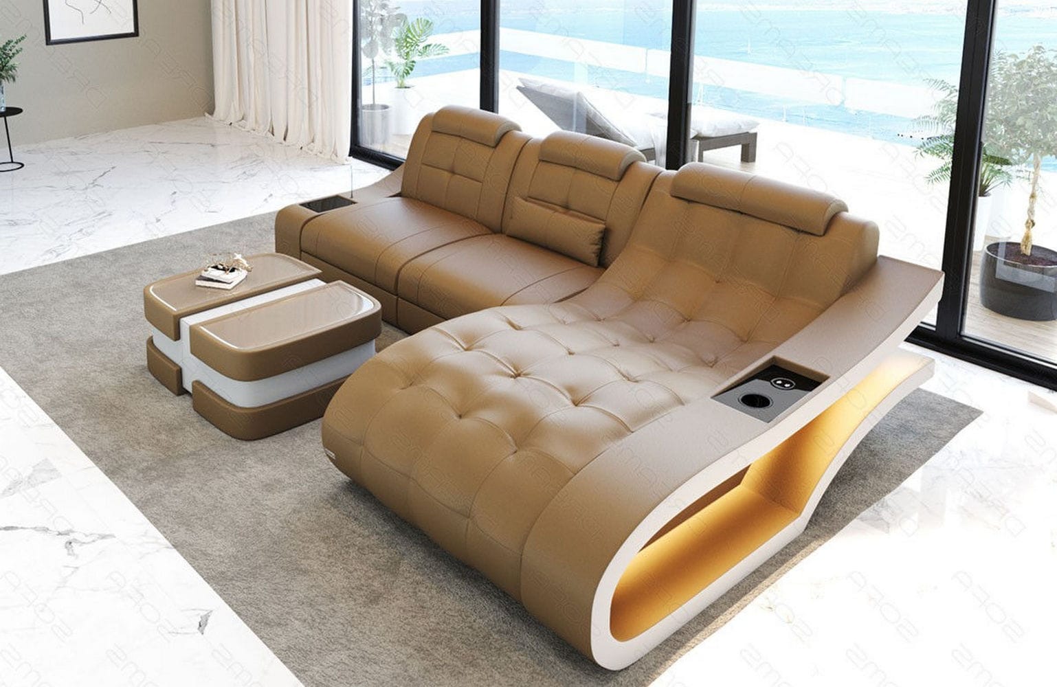 Ecksofa Elegante – Leder & Komfort sandbeige-weiß