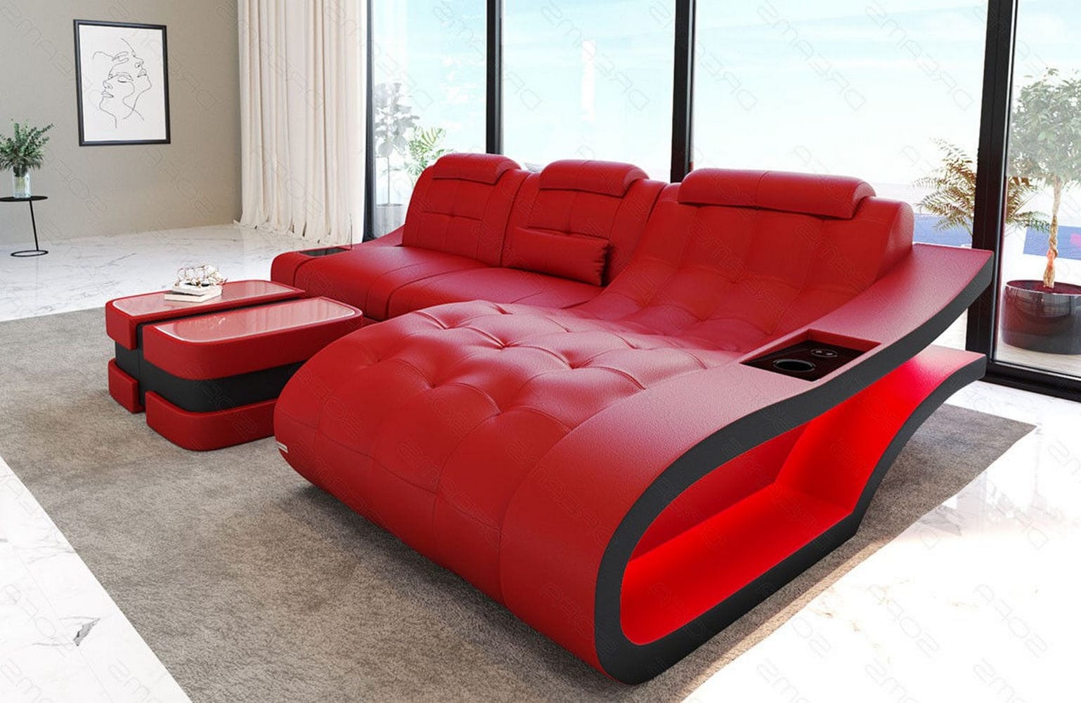 Ecksofa Elegante – Leder & Komfort rot-schwarz