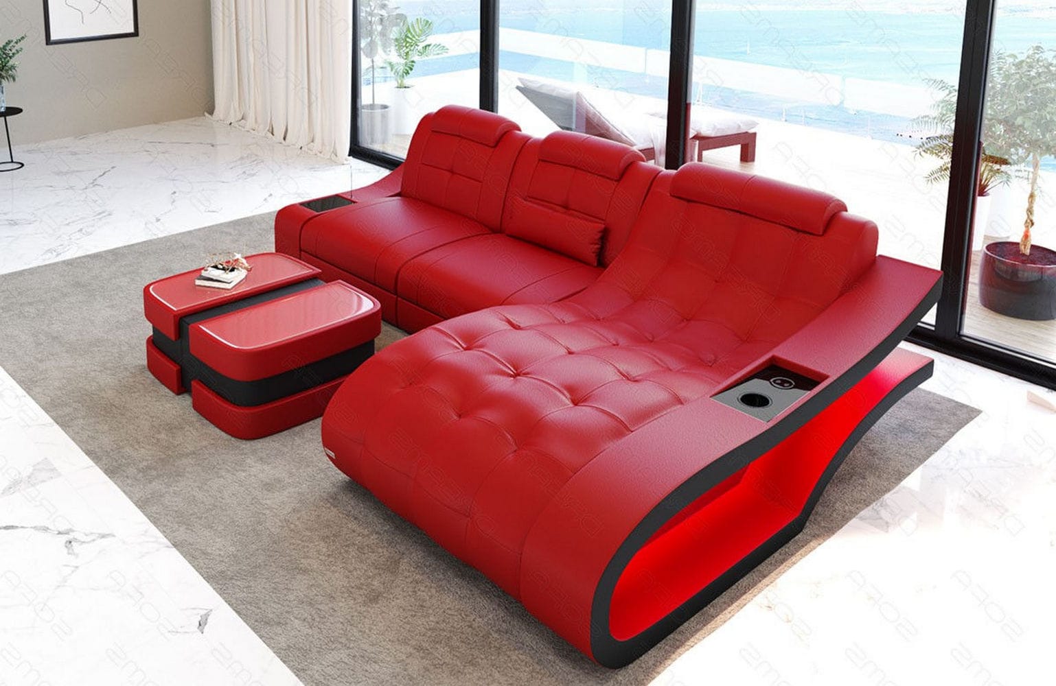 Ecksofa Elegante – Leder & Komfort rot-schwarz