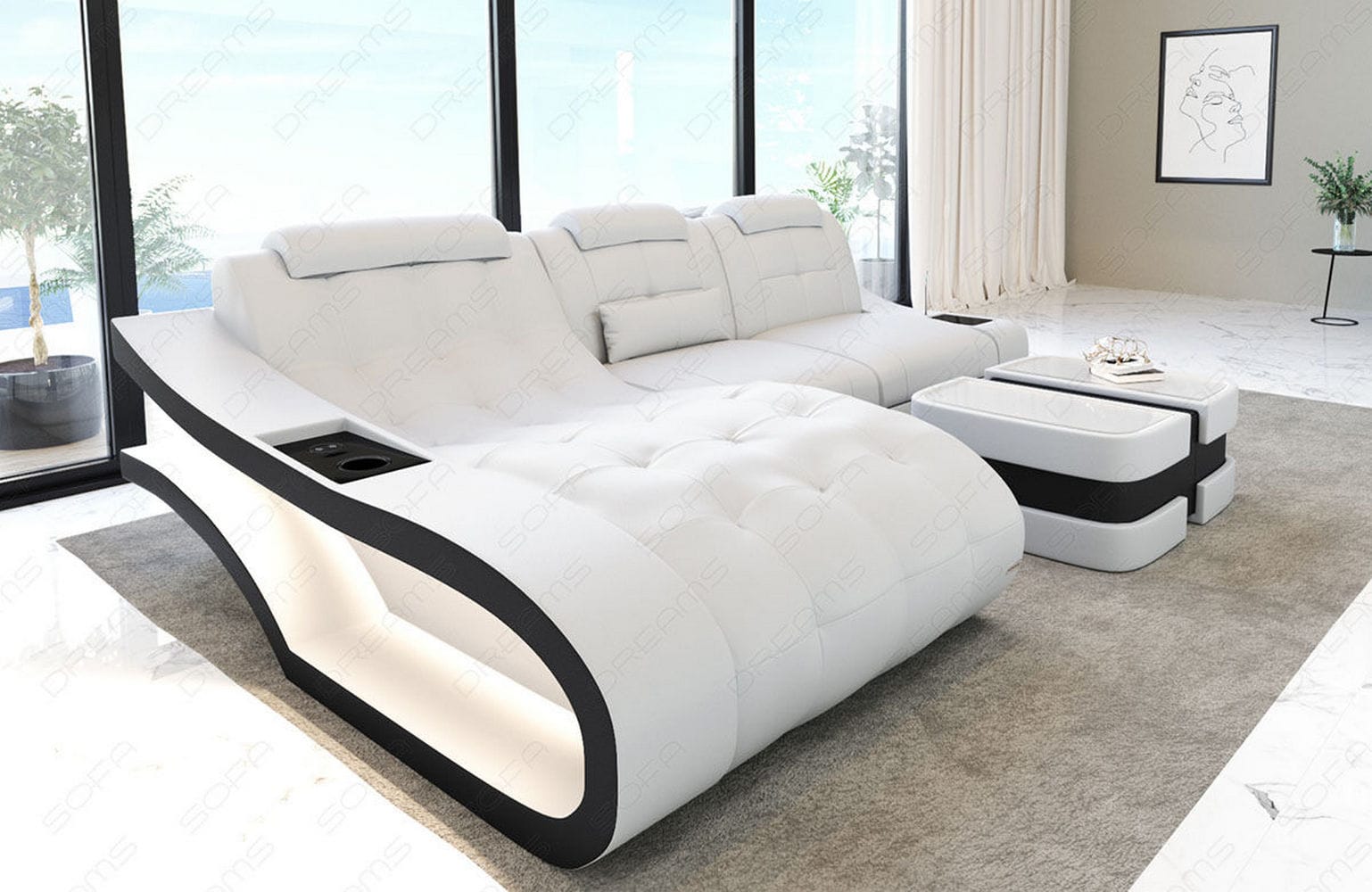 Ecksofa Elegante – Leder & Komfort weiß-schwarz