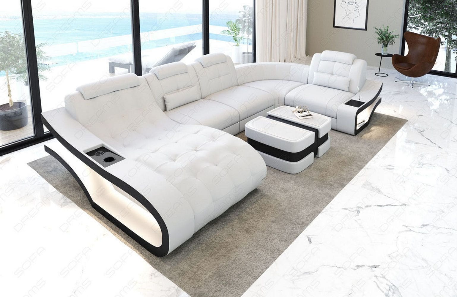 Leder Wohnlandschaft Elegante – Komfort pur weiß-schwarz
