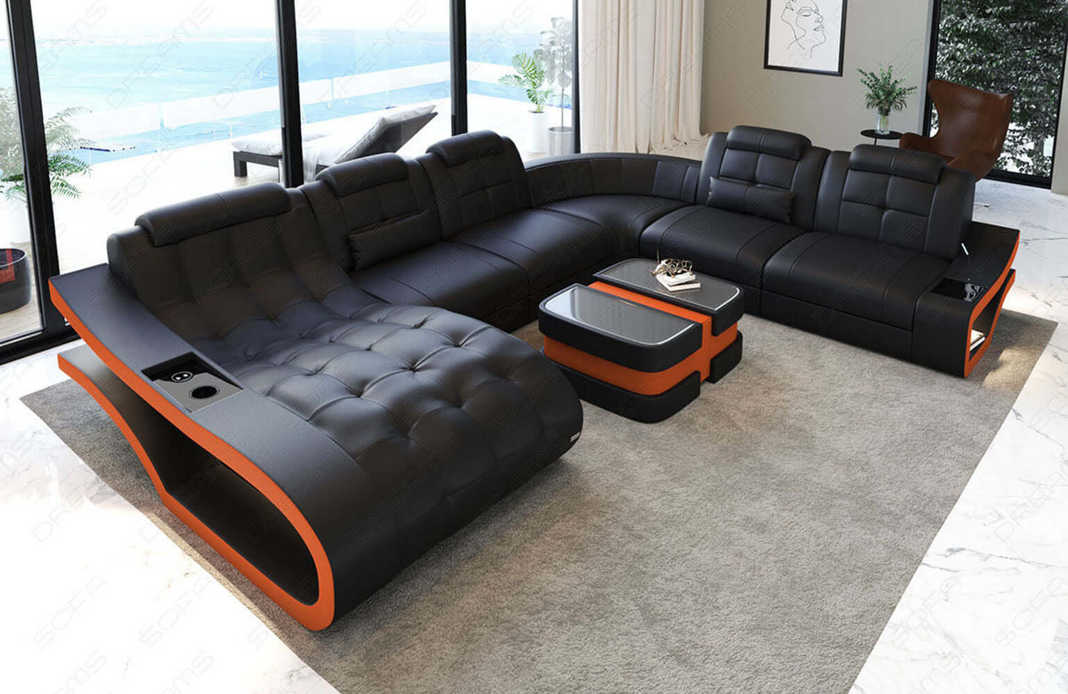 Leder Wohnlandschaft Elegante XXL – Komfort schwarz-orange