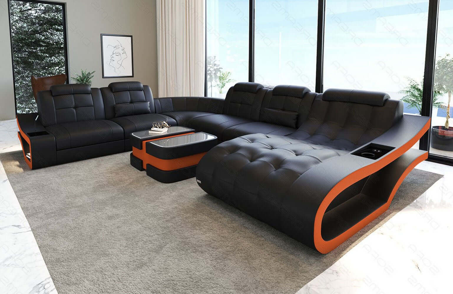 Leder Wohnlandschaft Elegante XXL – Komfort schwarz-orange