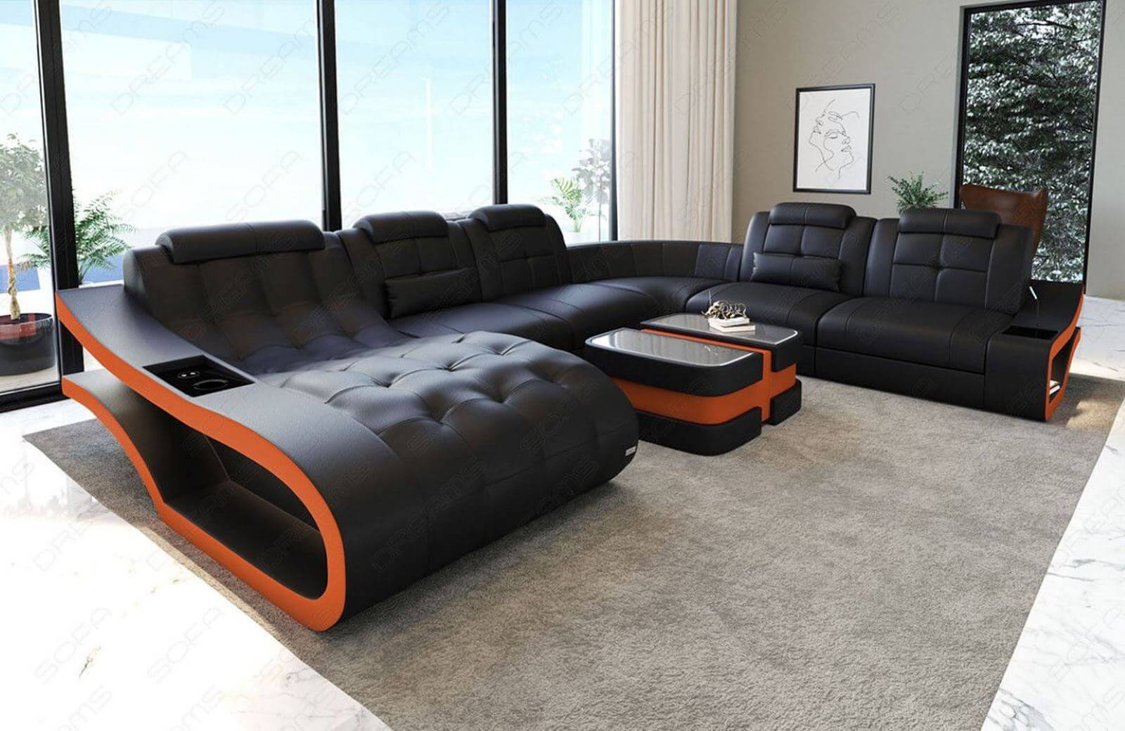 Leder Wohnlandschaft Elegante XXL – Komfort schwarz-orange