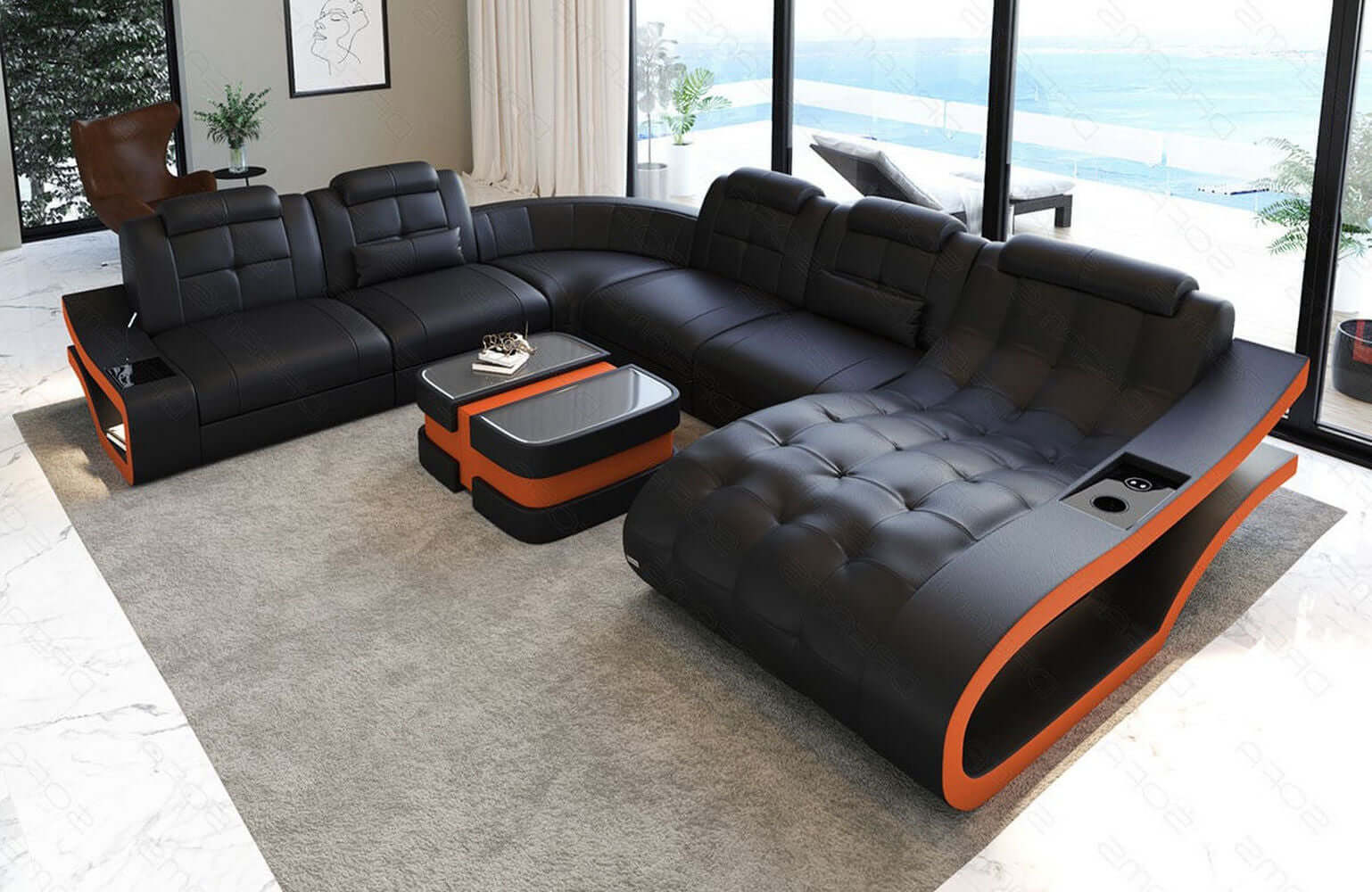 Leder Wohnlandschaft Elegante XXL – Komfort schwarz-orange