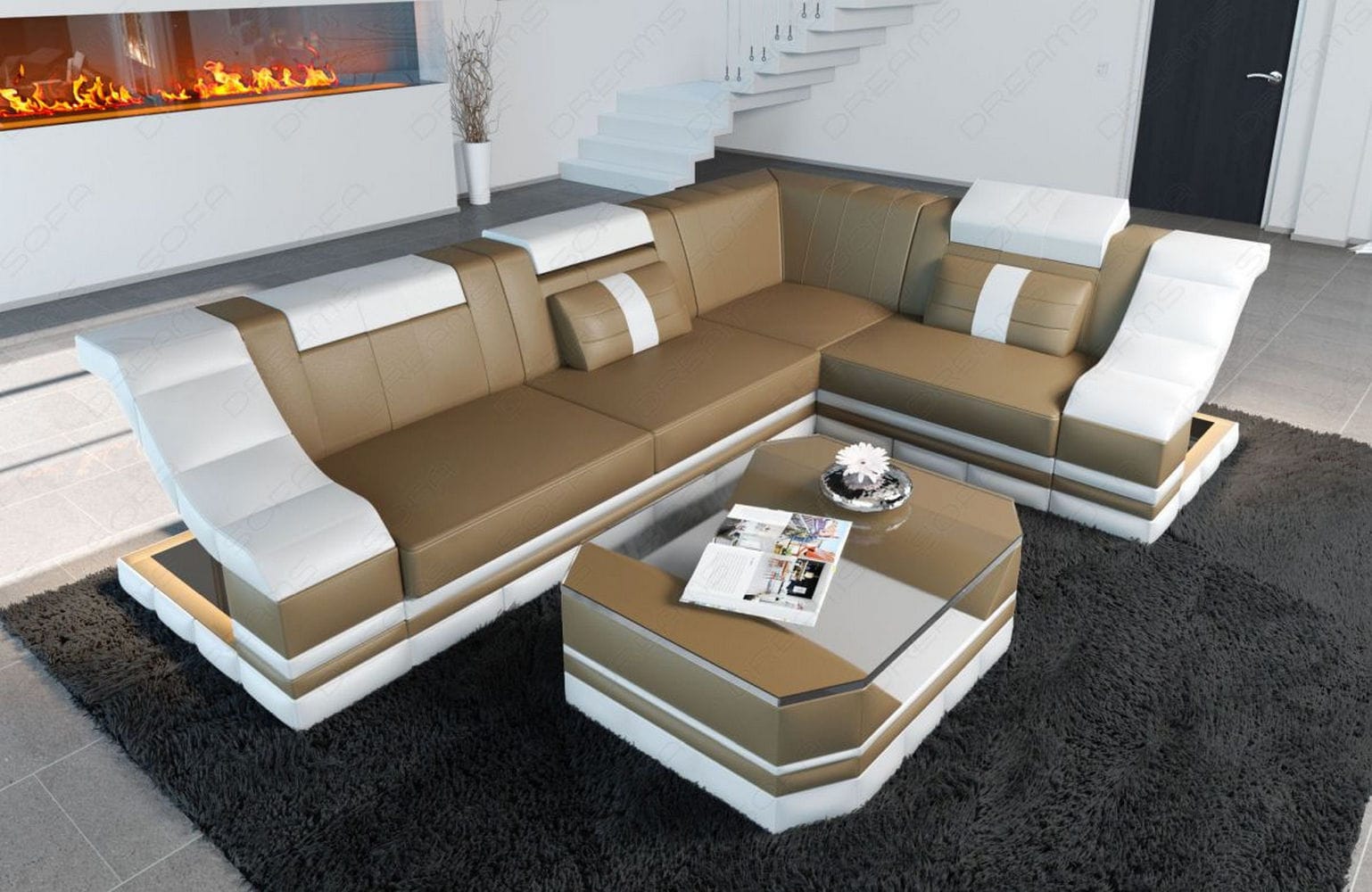 Mini Ecksofa Bianchi L Form aus Leder sandbeige-weiß