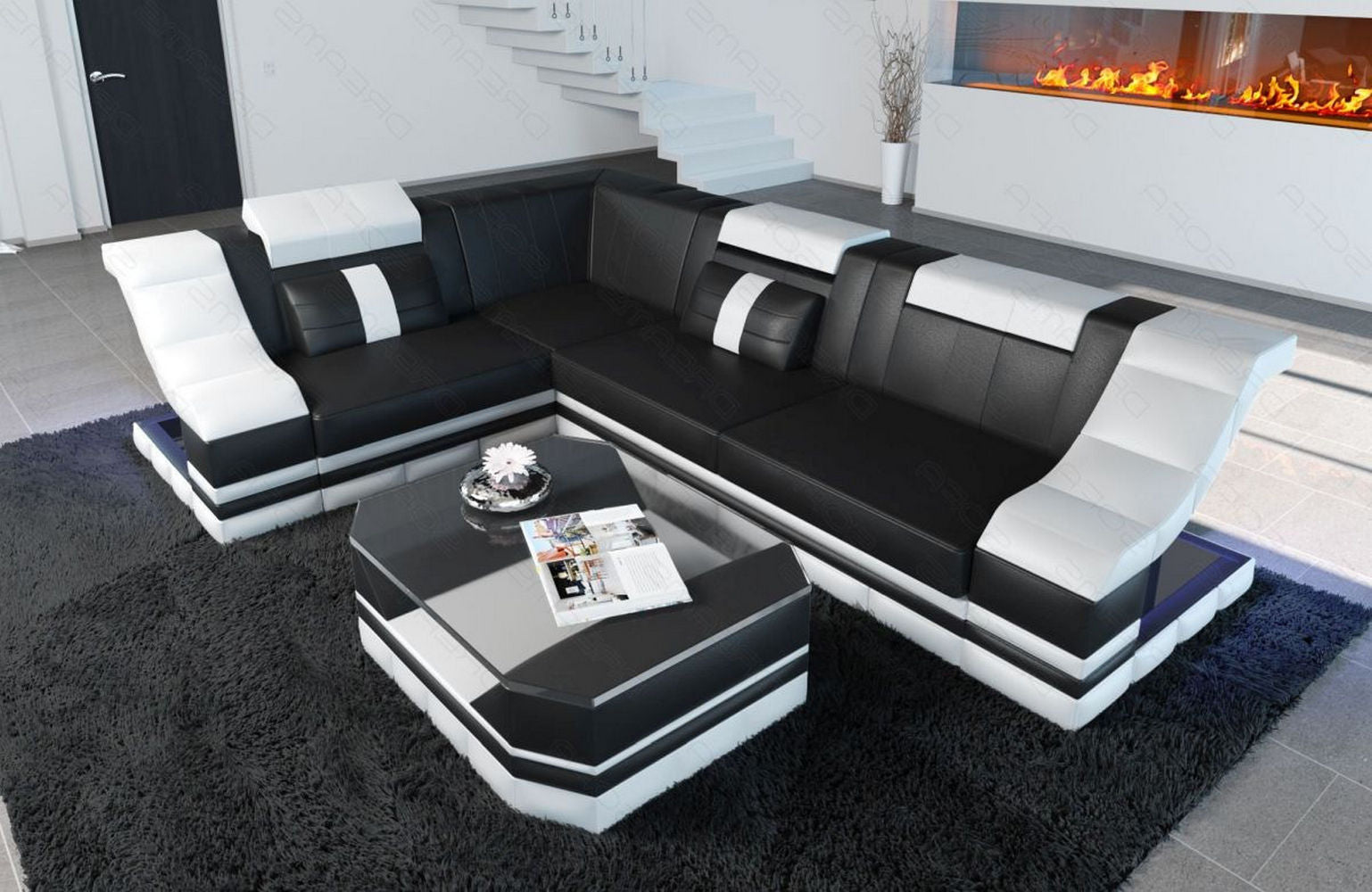 Mini Ecksofa Bianchi aus Leder Schwarz-Weiß