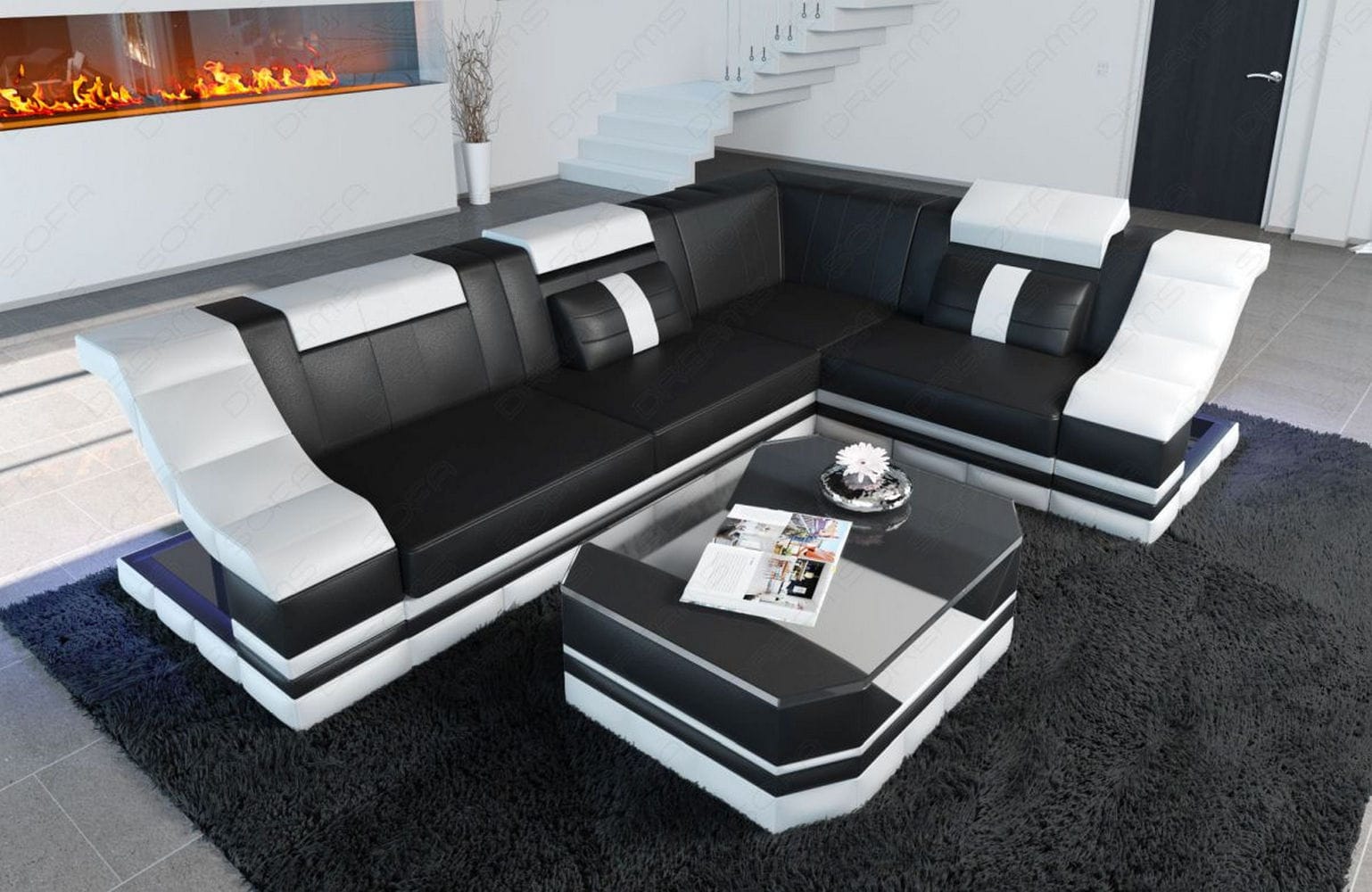 Ecksofa Bianchi – Leder & Komfort schwarz-weiß
