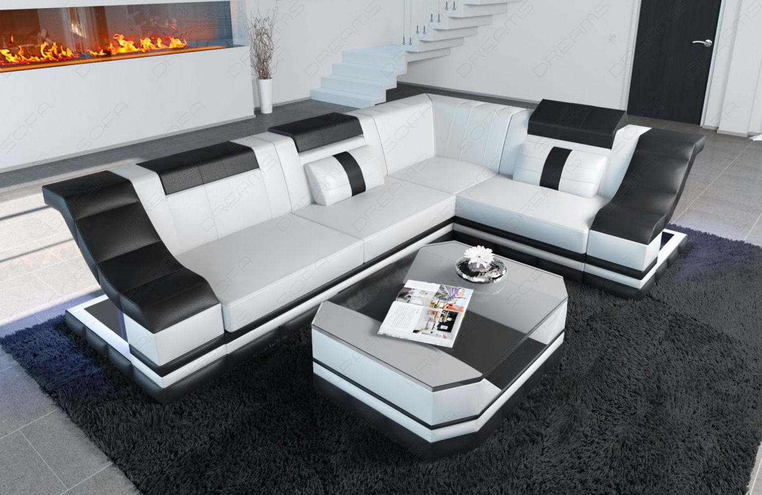 Ecksofa Bianchi – Leder & Komfort weiß-schwarz