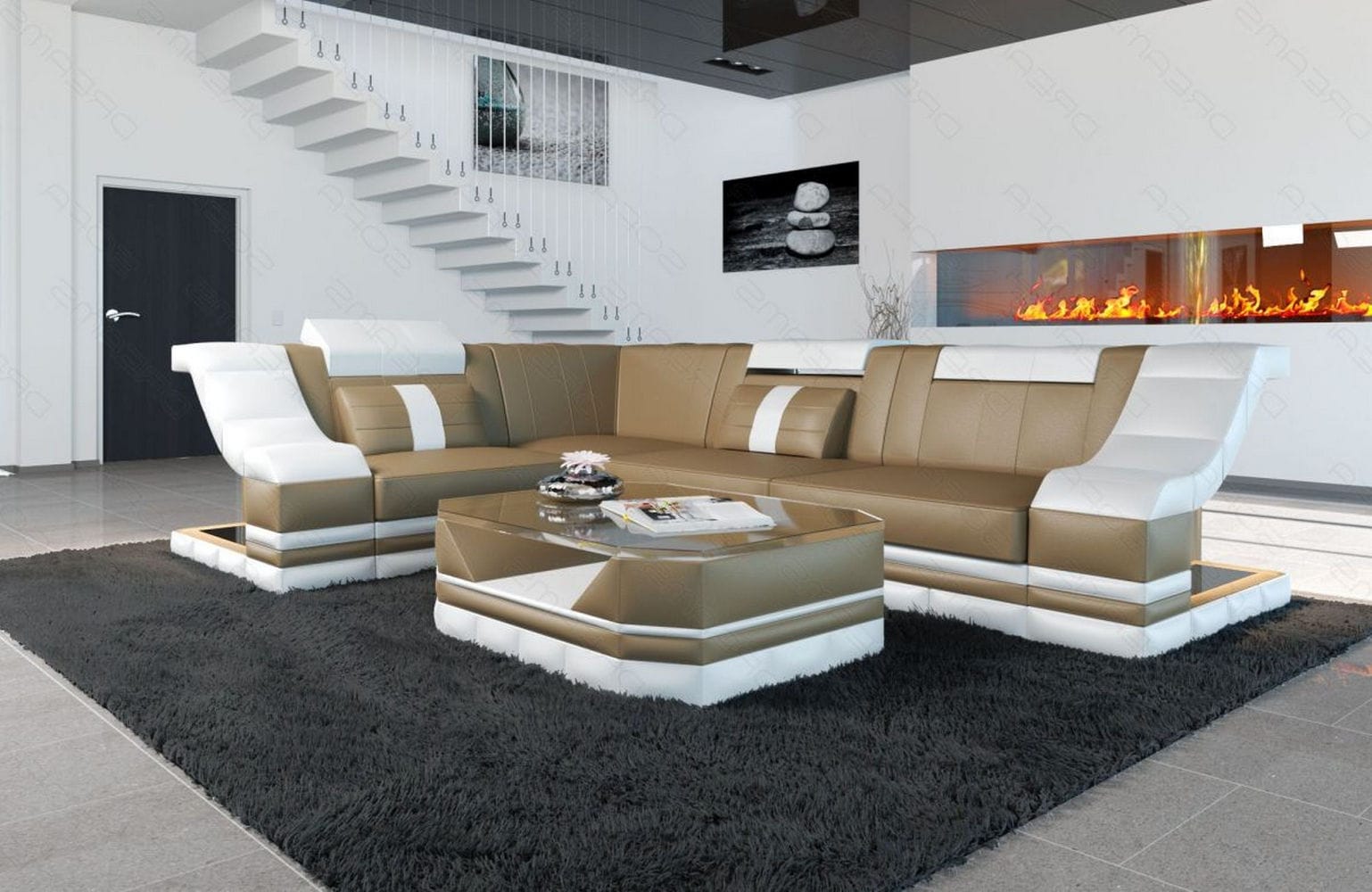 Ecksofa Bianchi – Leder & Komfort sandbeige-weiß