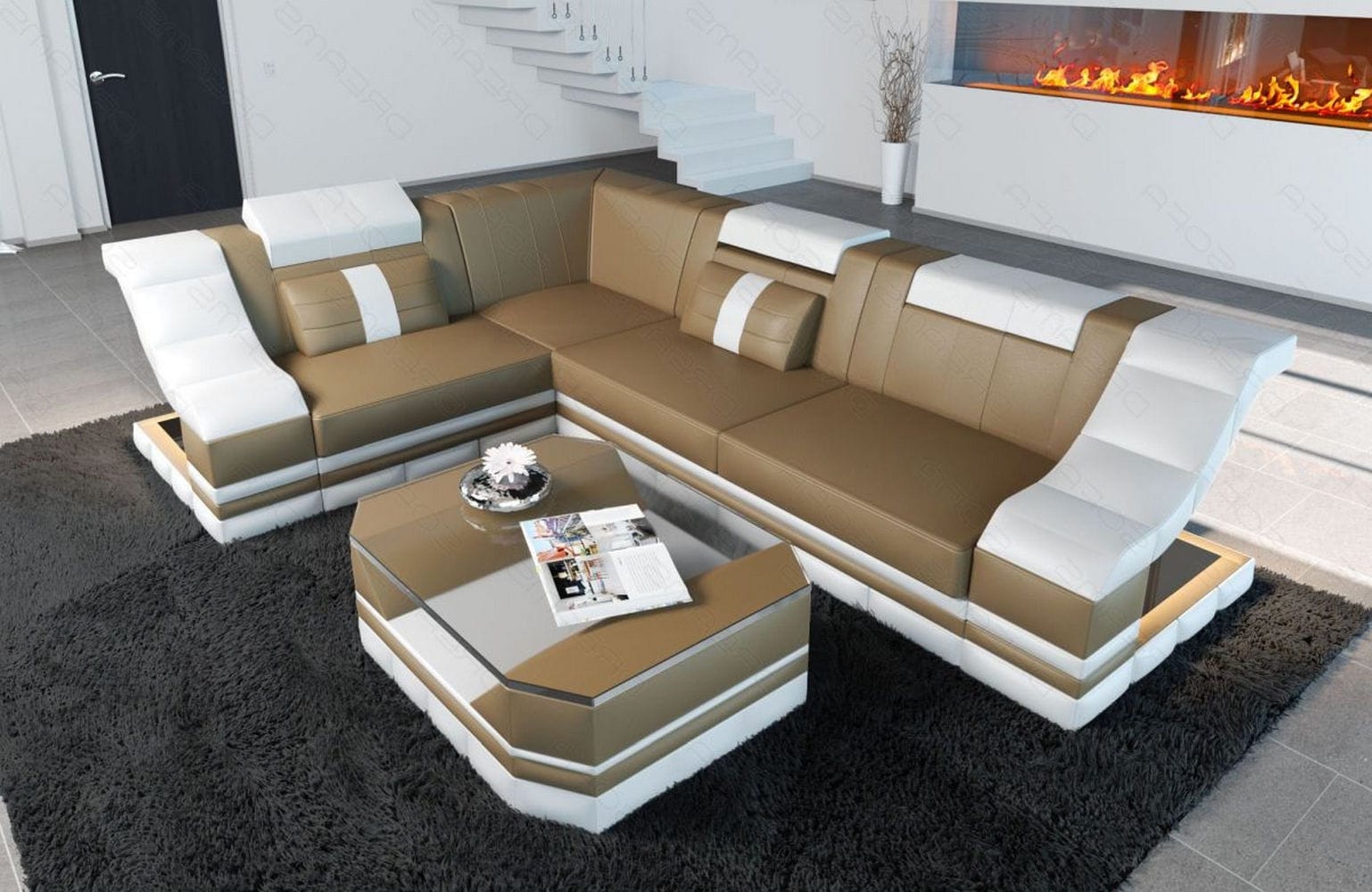 Ecksofa Bianchi – Leder & Komfort sandbeige-weiß
