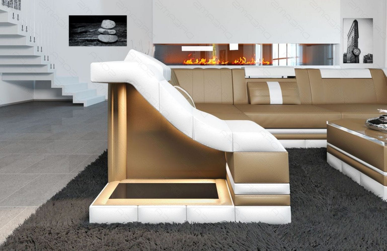 Ecksofa Bianchi – Leder & Komfort sandbeige-weiß