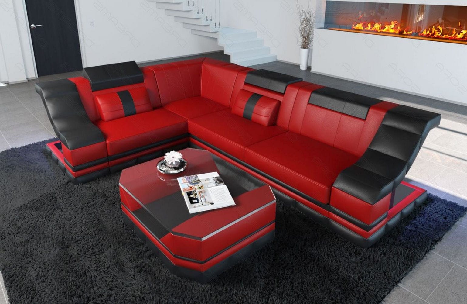 Ecksofa Bianchi – Leder & Komfort rot-schwarz