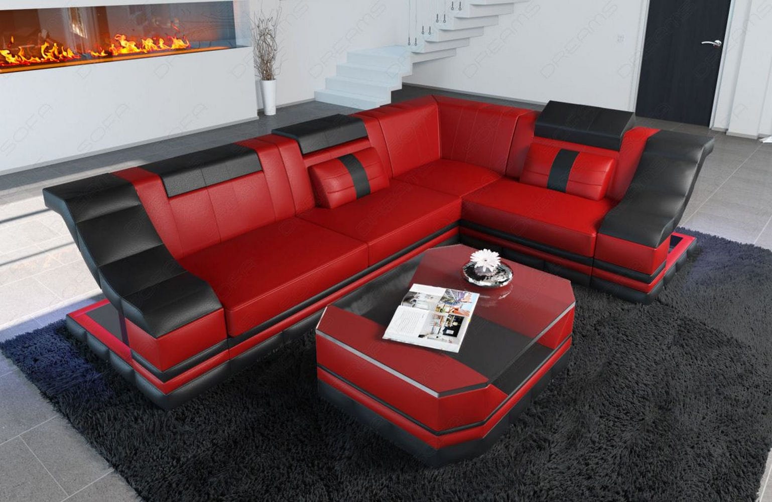 Ecksofa Bianchi – Leder & Komfort rot-schwarz