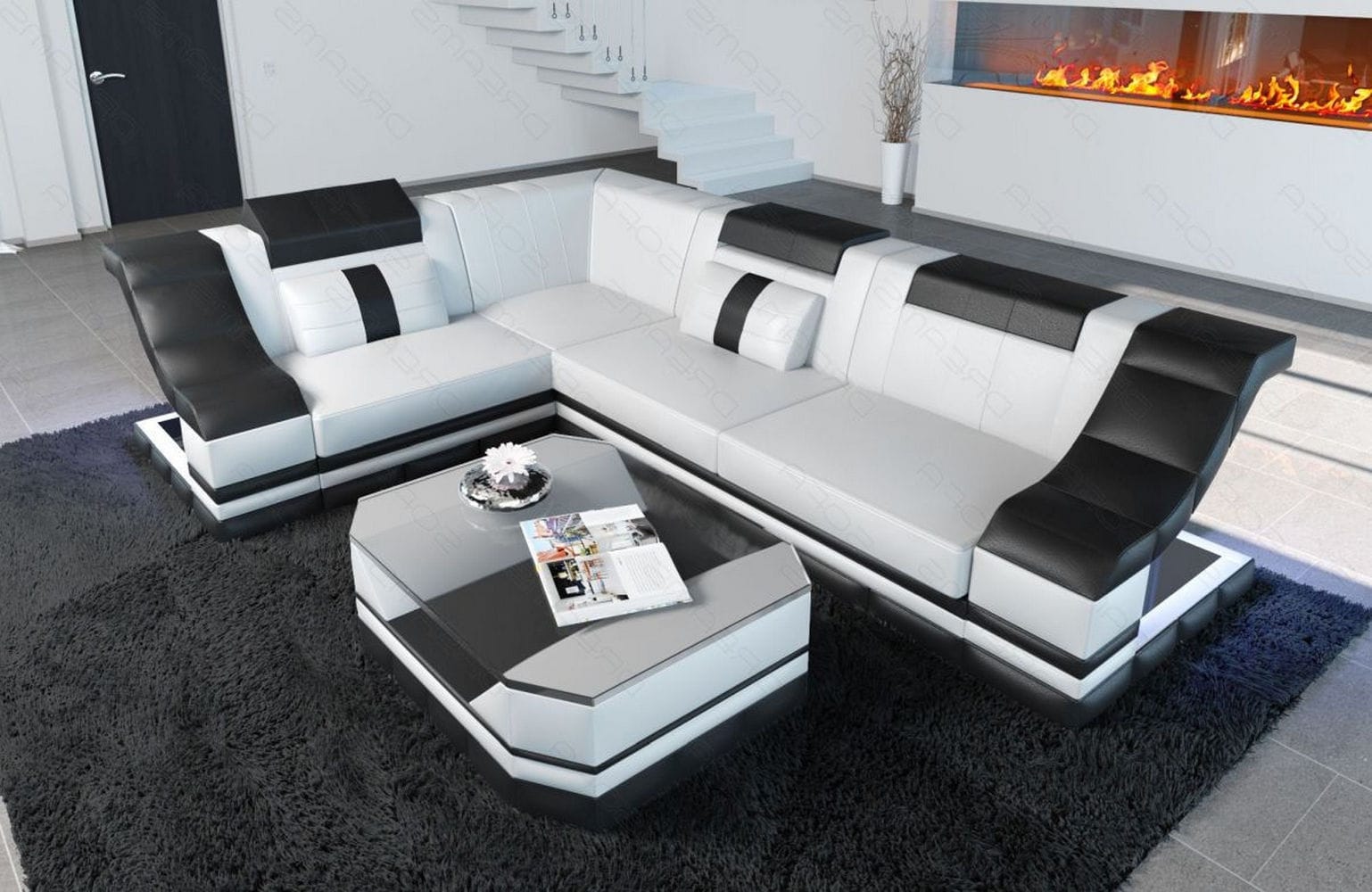 Ecksofa Bianchi – Leder & Komfort weiß-schwarz