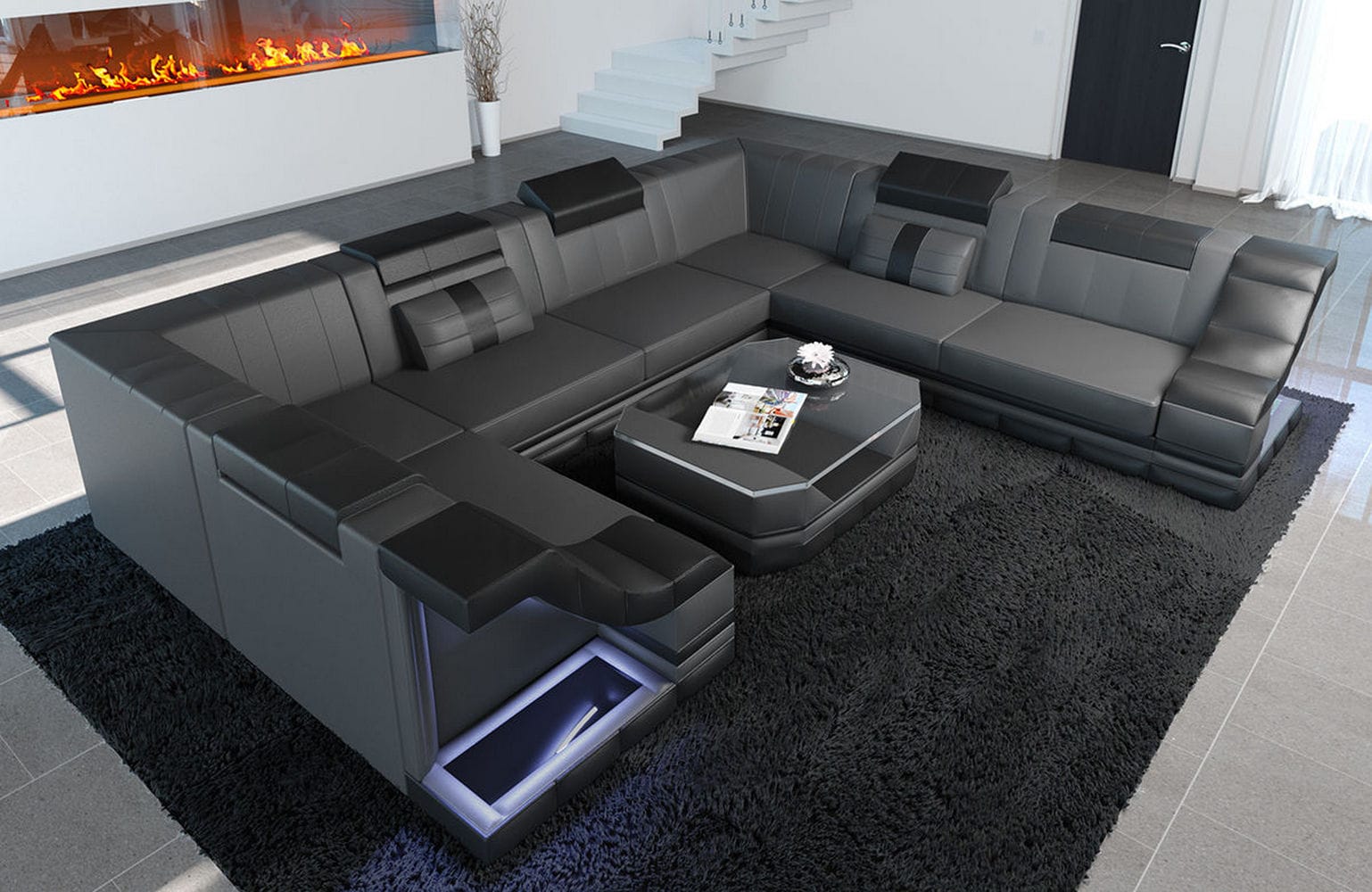 Mini Sofa Bianchi U-Form aus Leder grau-schwarz