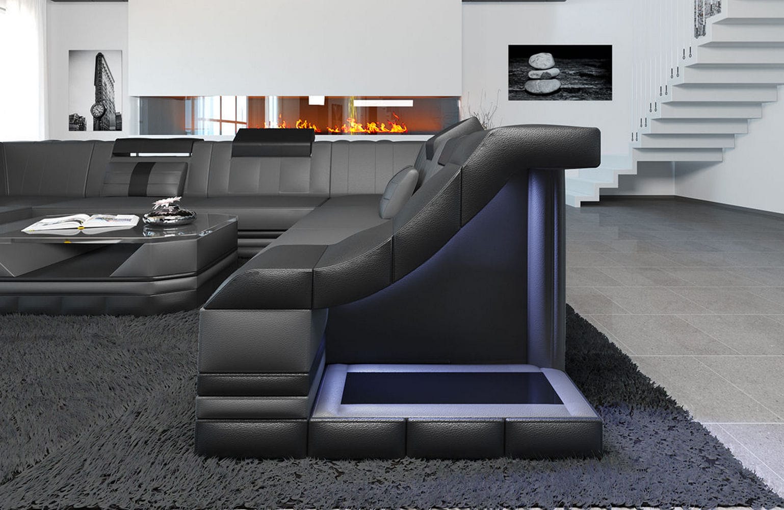 Mini Sofa Bianchi U-Form aus Leder grau-schwarz