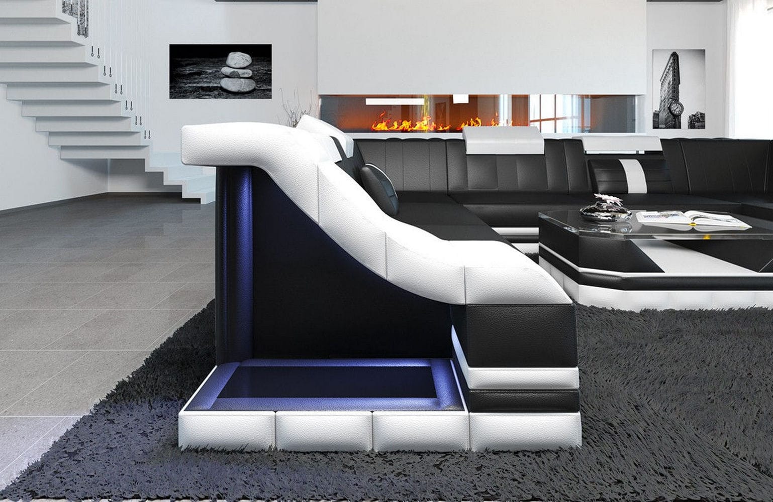 Sofa Bianchi Pur U-Form in Leder schwarz-weiß