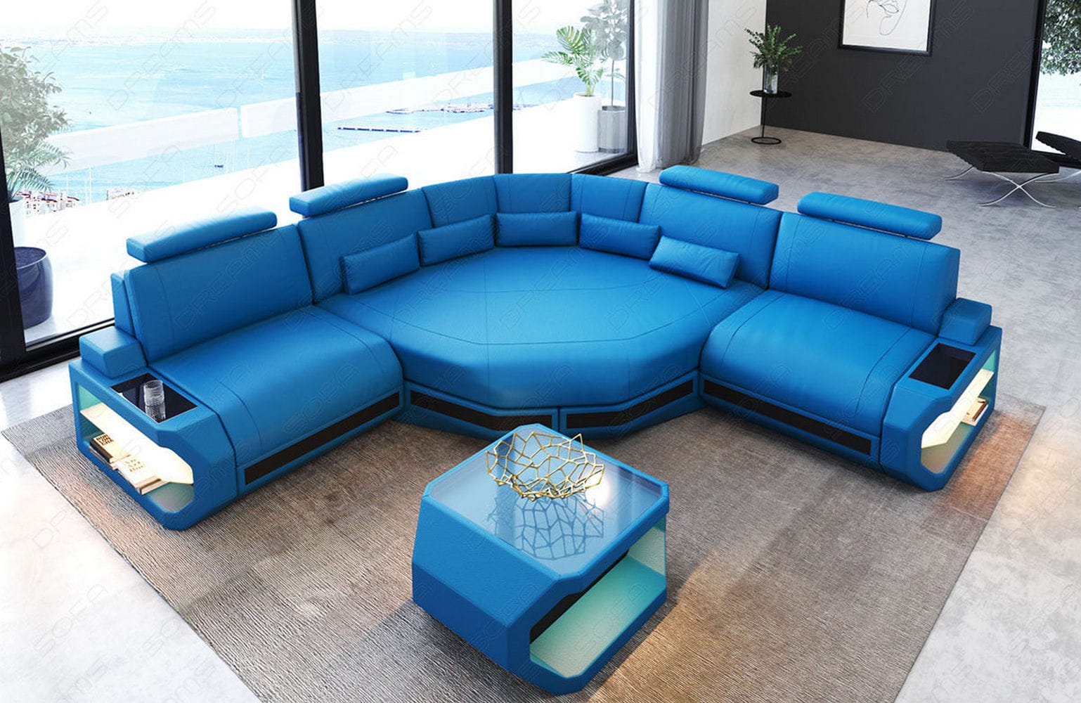 Mini Ecksofa Asti Kompakt L-Form in Leder blau-schwarz