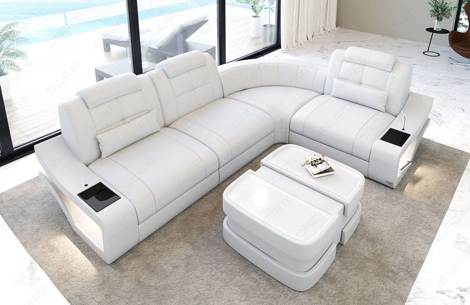 Mini Couch Elena L-Form in Leder Weiß